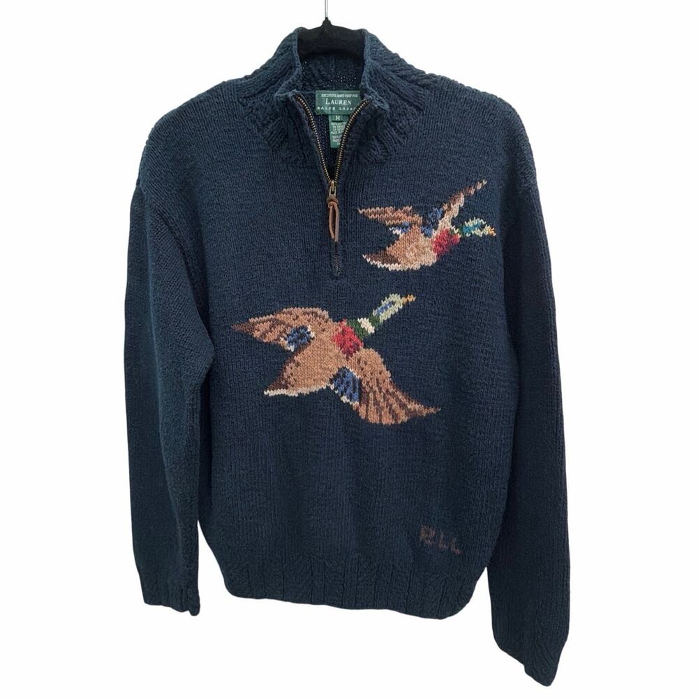 Vintage Lauren Ralph Lauren Hand Knit Ladies Duck Mallard Navy Sweater Medium